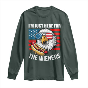 Funny I'm Just Here For The Wieners Long Sleeve Shirt 4th Of July Bald Eagle Hot Dog Lover TS11 Dark Forest Green Print Your Wear