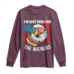 Funny I'm Just Here For The Wieners Long Sleeve Shirt 4th Of July Bald Eagle Hot Dog Lover TS11 Maroon Print Your Wear