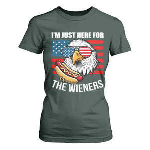 Funny I'm Just Here For The Wieners T Shirt For Women 4th Of July Bald Eagle Hot Dog Lover TS11 Dark Forest Green Print Your Wear