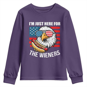 Funny I'm Just Here For The Wieners Youth Sweatshirt 4th Of July Bald Eagle Hot Dog Lover TS11 Purple Print Your Wear