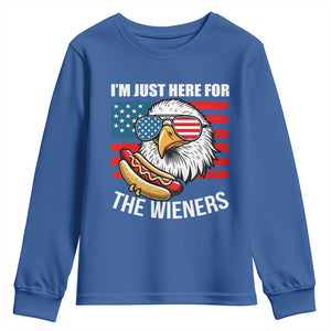 Funny I'm Just Here For The Wieners Youth Sweatshirt 4th Of July Bald Eagle Hot Dog Lover TS11 Royal Blue Print Your Wear