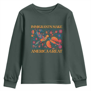 Funny Immigrants Make America Great Youth Sweatshirt Floral Flower Birds Human Rights TS11 Dark Forest Green Print Your Wear