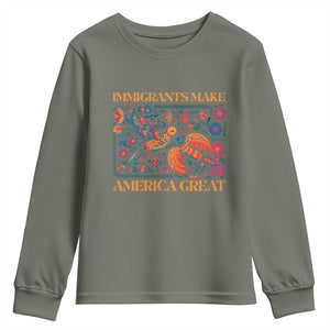 Funny Immigrants Make America Great Youth Sweatshirt Floral Flower Birds Human Rights TS11 Military Green Print Your Wear