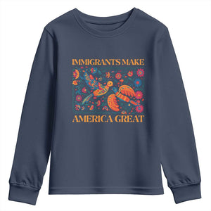 Funny Immigrants Make America Great Youth Sweatshirt Floral Flower Birds Human Rights TS11 Navy Print Your Wear