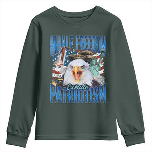 Funny Inhale Freedom Exhale Patriotism Youth Sweatshirt American Pride Eagle 4th Of July TS11 Dark Forest Green Print Your Wear