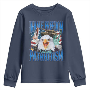 Funny Inhale Freedom Exhale Patriotism Youth Sweatshirt American Pride Eagle 4th Of July TS11 Navy Print Your Wear