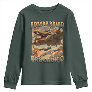 Funny Italian Brainrot Bombardiro Crocodilo Youth Sweatshirt Gen Z Meme TS11 Dark Forest Green Print Your Wear