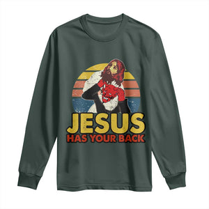 Funny Jesus Satan Meme Long Sleeve Shirt Has Your Back Jiu Jitsu Retro Religious Christian TS02 Dark Forest Green Print Your Wear