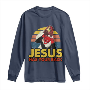 Funny Jesus Satan Meme Long Sleeve Shirt Has Your Back Jiu Jitsu Retro Religious Christian TS02 Navy Print Your Wear