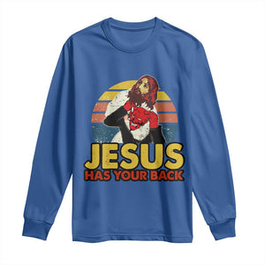 Funny Jesus Satan Meme Long Sleeve Shirt Has Your Back Jiu Jitsu Retro Religious Christian TS02 Royal Blue Print Your Wear