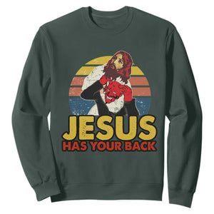 Funny Jesus Satan Meme Sweatshirt Has Your Back Jiu Jitsu Retro Religious Christian TS02 Dark Forest Green Print Your Wear
