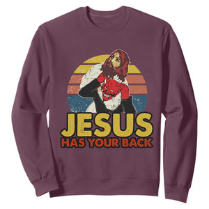 Funny Jesus Satan Meme Sweatshirt Has Your Back Jiu Jitsu Retro Religious Christian TS02 Maroon Print Your Wear