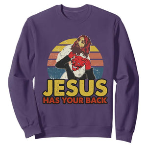 Funny Jesus Satan Meme Sweatshirt Has Your Back Jiu Jitsu Retro Religious Christian TS02 Purple Print Your Wear
