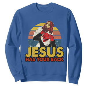 Funny Jesus Satan Meme Sweatshirt Has Your Back Jiu Jitsu Retro Religious Christian TS02 Royal Blue Print Your Wear
