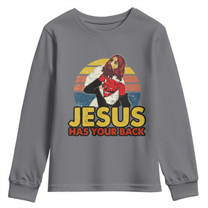 Funny Jesus Satan Meme Youth Sweatshirt Has Your Back Jiu Jitsu Retro Religious Christian TS02 Charcoal Print Your Wear