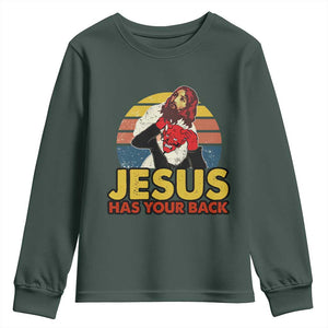 Funny Jesus Satan Meme Youth Sweatshirt Has Your Back Jiu Jitsu Retro Religious Christian TS02 Dark Forest Green Print Your Wear