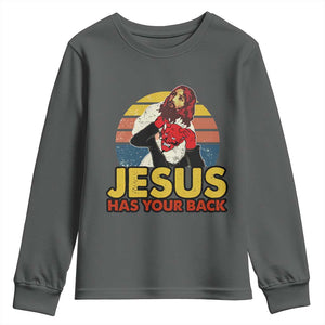 Funny Jesus Satan Meme Youth Sweatshirt Has Your Back Jiu Jitsu Retro Religious Christian TS02 Dark Heather Print Your Wear