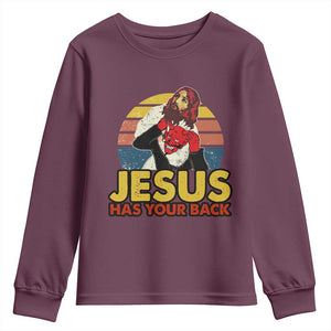 Funny Jesus Satan Meme Youth Sweatshirt Has Your Back Jiu Jitsu Retro Religious Christian TS02 Maroon Print Your Wear