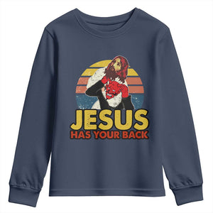 Funny Jesus Satan Meme Youth Sweatshirt Has Your Back Jiu Jitsu Retro Religious Christian TS02 Navy Print Your Wear