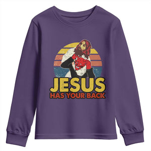Funny Jesus Satan Meme Youth Sweatshirt Has Your Back Jiu Jitsu Retro Religious Christian TS02 Purple Print Your Wear