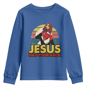 Funny Jesus Satan Meme Youth Sweatshirt Has Your Back Jiu Jitsu Retro Religious Christian TS02 Royal Blue Print Your Wear