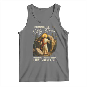 Funny Jesus Tank Top Coming Out Of My Cave And I've Been Doing Just Fine TS02 Black Heather Print Your Wear