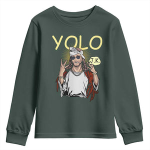 Funny Jesus YOLO JK Youth Sweatshirt Just Kidding Funny Christian Religious TS02 Dark Forest Green Print Your Wear