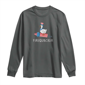 Funny July 4th Goose Long Sleeve Shirt Patriotic Goose Firework Firequacker Independence Day TS10 Dark Heather Print Your Wear