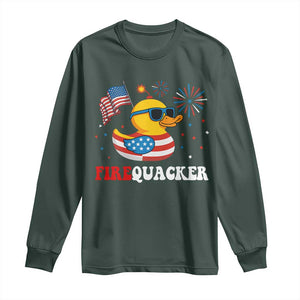 Funny July 4th Long Sleeve Shirt Patriotic Duck Firequacker American Flag TS10 Dark Forest Green Print Your Wear