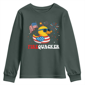 Funny July 4th Youth Sweatshirt Patriotic Duck Firequacker American Flag TS10 Dark Forest Green Print Your Wear