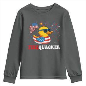 Funny July 4th Youth Sweatshirt Patriotic Duck Firequacker American Flag TS10 Dark Heather Print Your Wear
