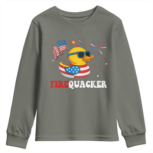 Funny July 4th Youth Sweatshirt Patriotic Duck Firequacker American Flag TS10 Military Green Print Your Wear