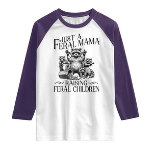 Funny Just A Feral Mama Raising Feral Children Raglan Shirt Raccoon Mother's Day TS11 White Purple Print Your Wear