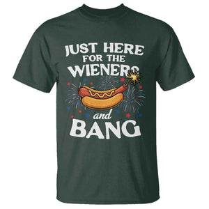 Funny Just Here For The Wieners And Bang T Shirt 4th Of July Hot Dog Lover Fireworks TS11 Dark Forest Green Print Your Wear