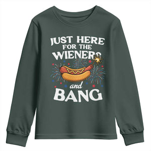 Funny Just Here For The Wieners And Bang Youth Sweatshirt 4th Of July Hot Dog Lover Fireworks TS11 Dark Forest Green Print Your Wear