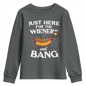 Funny Just Here For The Wieners And Bang Youth Sweatshirt 4th Of July Hot Dog Lover Fireworks TS11 Dark Heather Print Your Wear