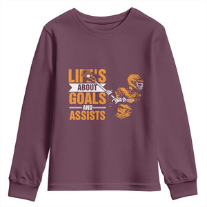 Funny Lacrosse Lax Player Youth Sweatshirt Life's About Goals And Assists TS11 Maroon Print Your Wear