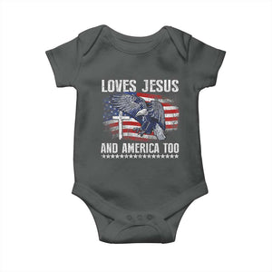 Funny Loves Jesus And America Too Baby Onesie 4th Of July Patriotic Christian Eagle American Flag TS11 Dark Heather Print Your Wear