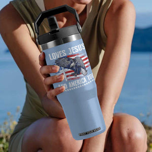 Funny Loves Jesus And America Too Flip Straw Tumbler 4th Of July Patriotic Christian Eagle American Flag TS11 One Size: 30 oz Light Blue Print Your Wear