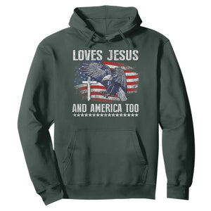 Funny Loves Jesus And America Too Hoodie 4th Of July Patriotic Christian Eagle American Flag TS11 Dark Forest Green Print Your Wear