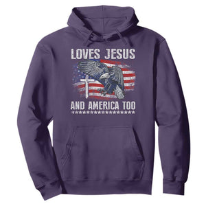 Funny Loves Jesus And America Too Hoodie 4th Of July Patriotic Christian Eagle American Flag TS11 Purple Print Your Wear