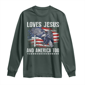 Funny Loves Jesus And America Too Long Sleeve Shirt 4th Of July Patriotic Christian Eagle American Flag TS11 Dark Forest Green Print Your Wear