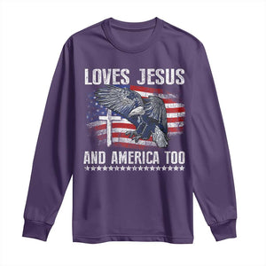 Funny Loves Jesus And America Too Long Sleeve Shirt 4th Of July Patriotic Christian Eagle American Flag TS11 Purple Print Your Wear