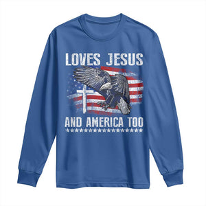 Funny Loves Jesus And America Too Long Sleeve Shirt 4th Of July Patriotic Christian Eagle American Flag TS11 Royal Blue Print Your Wear