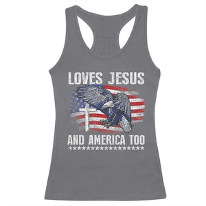 Funny Loves Jesus And America Too Racerback Tank Top 4th Of July Patriotic Christian Eagle American Flag TS11 Charcoal Print Your Wear