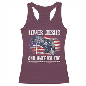 Funny Loves Jesus And America Too Racerback Tank Top 4th Of July Patriotic Christian Eagle American Flag TS11 Maroon Print Your Wear