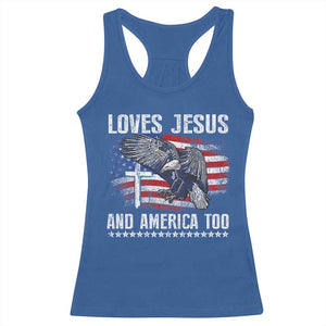 Funny Loves Jesus And America Too Racerback Tank Top 4th Of July Patriotic Christian Eagle American Flag TS11 Royal Blue Print Your Wear