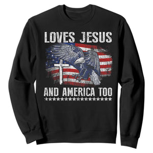 Funny Loves Jesus And America Too Sweatshirt 4th Of July Patriotic Christian Eagle American Flag TS11 Black Print Your Wear
