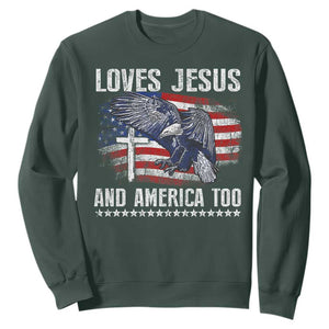Funny Loves Jesus And America Too Sweatshirt 4th Of July Patriotic Christian Eagle American Flag TS11 Dark Forest Green Print Your Wear