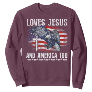 Funny Loves Jesus And America Too Sweatshirt 4th Of July Patriotic Christian Eagle American Flag TS11 Maroon Print Your Wear